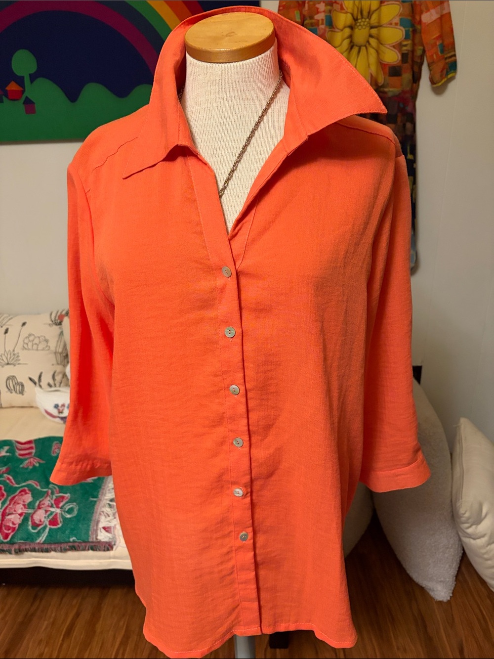 Linen Collared Button-Down Shirt in Vibrant Orange
